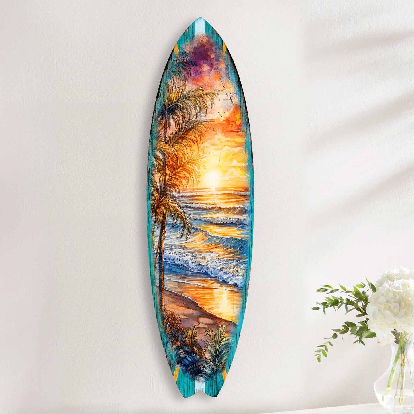 Surfboard Coastal Wall Art - Golden Waves Ocean Sunset Wall Art by G. DeBrekht - Coastal Holiday Decor - 8490136HS