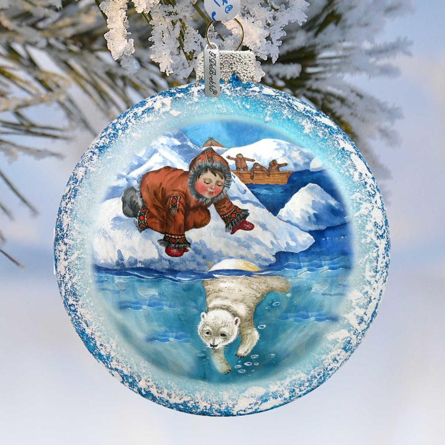 Alaska Boy Polar Bear Glass Ornament by G. DeBrekht - Wildlife Holiday Decor - 744-035