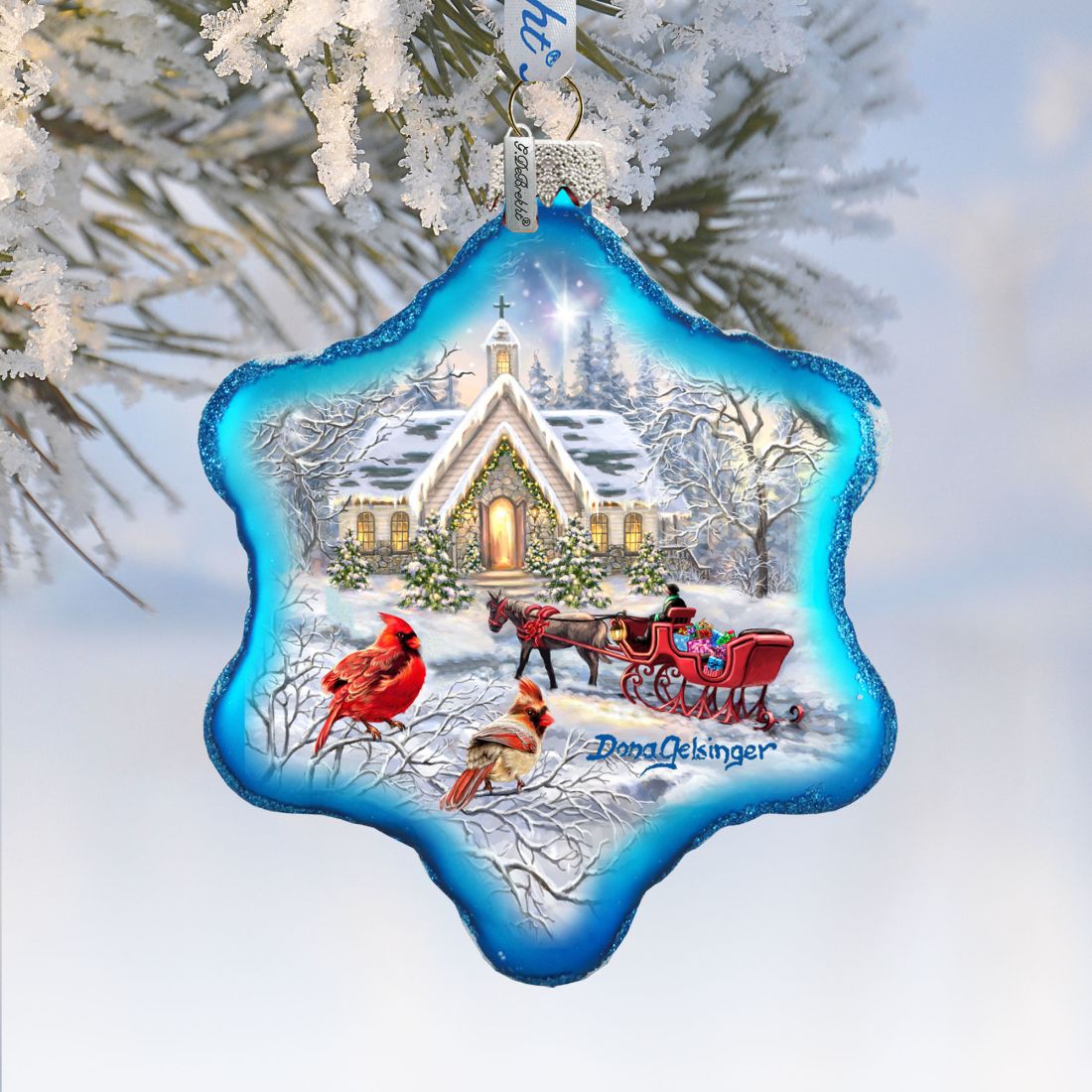 Sleigh Ride Snowflake Glass Ornament by D. Gelsinger - Christmas Santa Snowman Decor - 754-104-DG