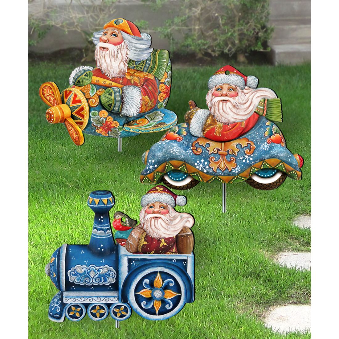 Traveling Santa Outdoor Garden Decor Set of 3 by G. DeBrekht - Christmas Santa Snowman Decor - 8120120MS3