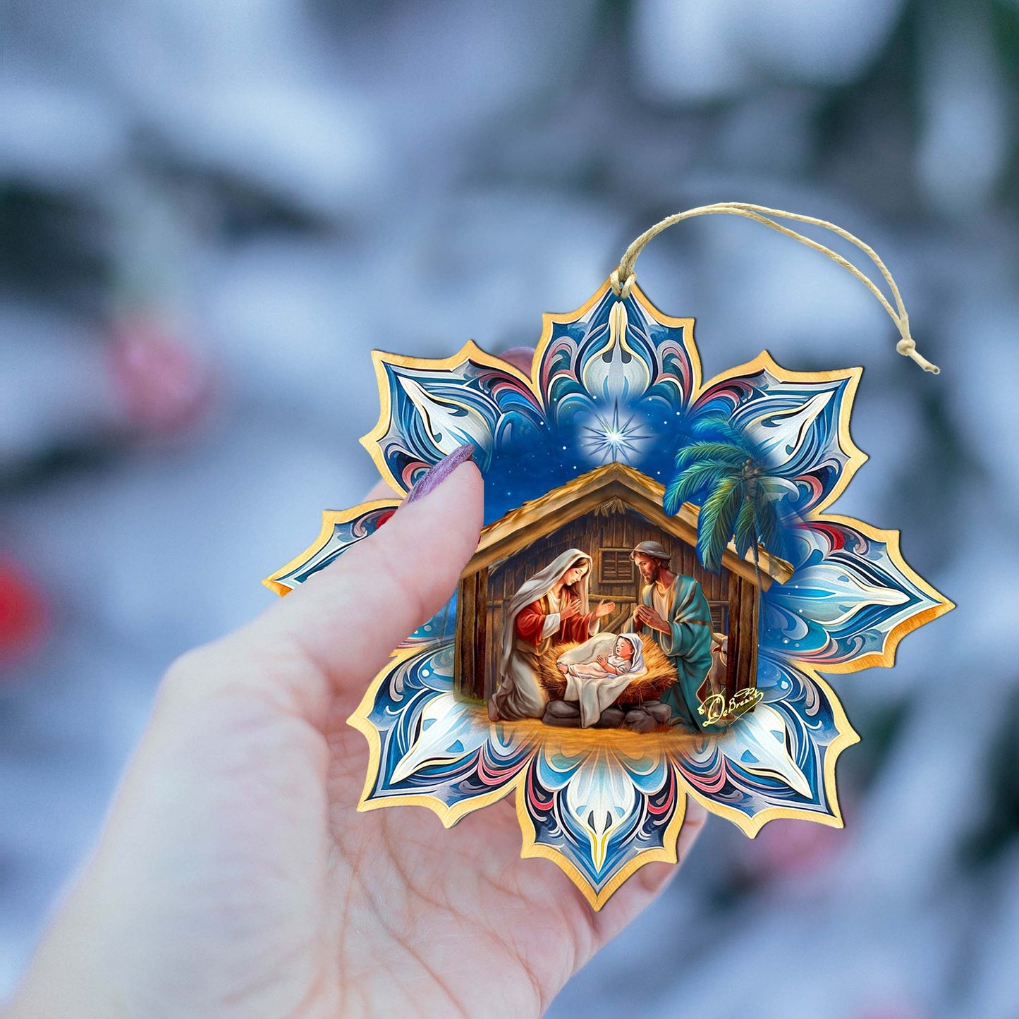 Holy Family Snowflake Wooden Ornaments by G. Debrekht - Nativity Holiday Decor - 8688439