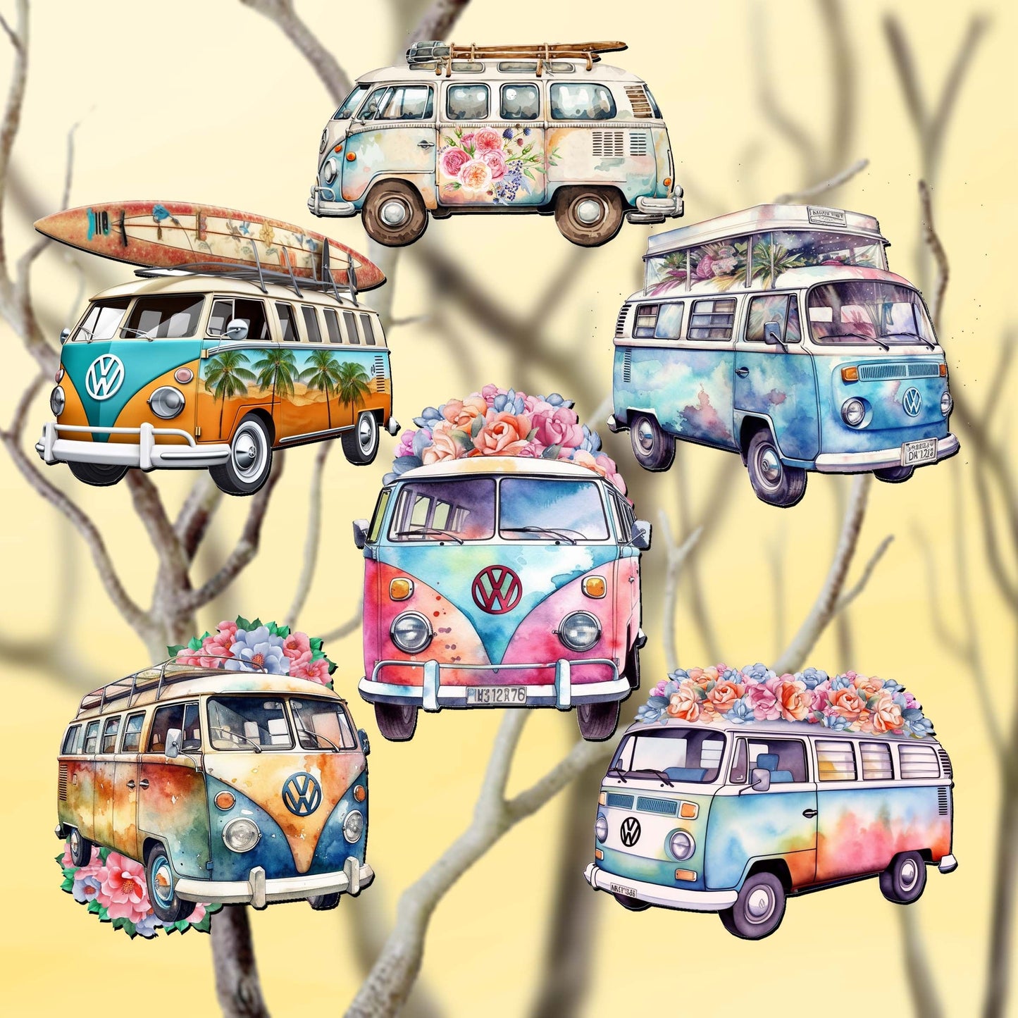 Surf Vans Decorative Wooden Clip-on Ornaments Set of 6 by G. Debrekht - Christmas Decor - 8090040C-S6