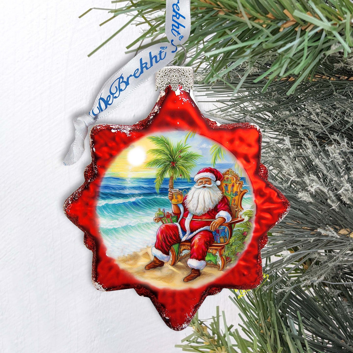 Glass Christmas Ornaments - Sunset with Santa Keepsake Glass Ornaments by G. Debrekht - Christmas Decor - 777414