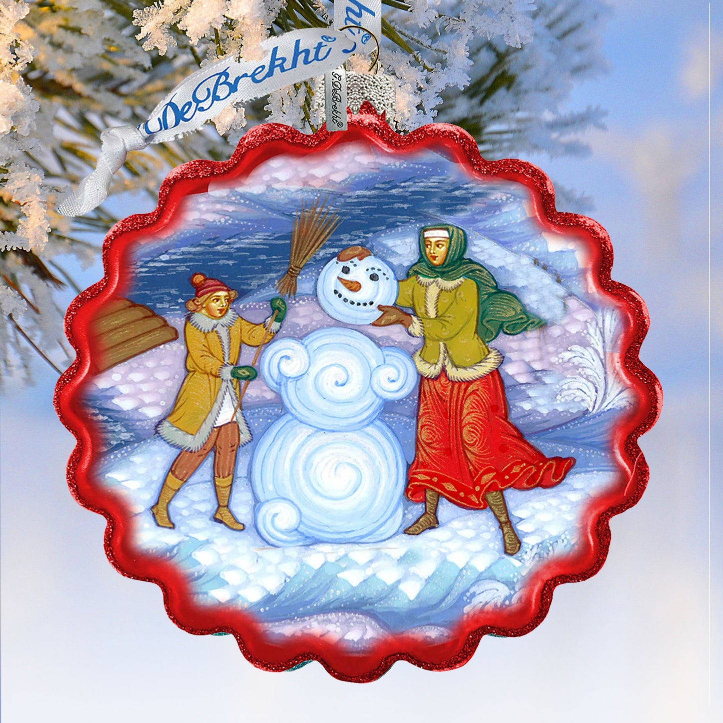 Palekh Building Snowman Wreath Glass Ornament by G. DeBrekht - Christmas Decor - 759-038