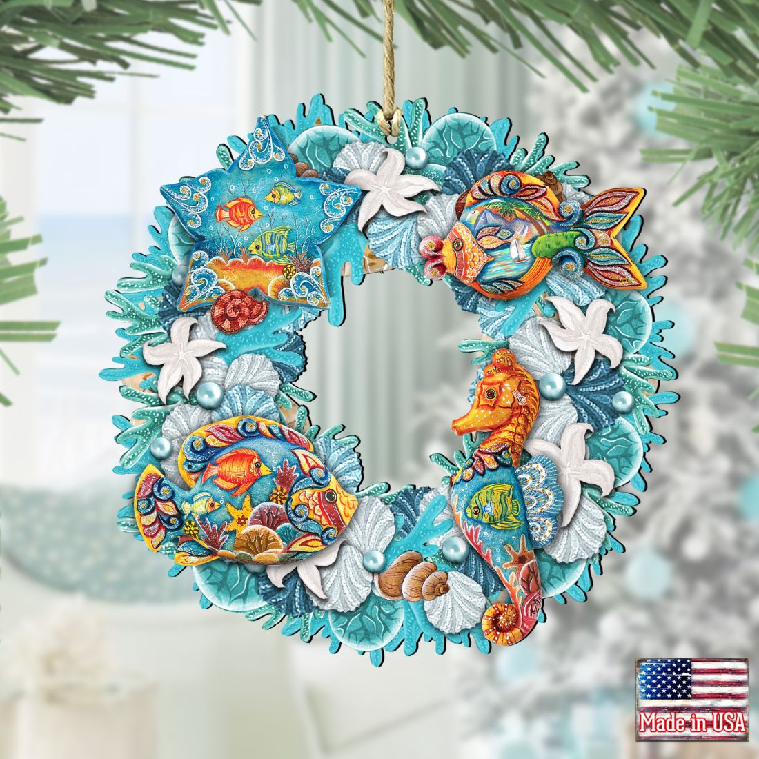 Sea Creatures Wreath Wooden Ornaments by G. DeBrekht - Coastal Holiday Decor - 8185306-3