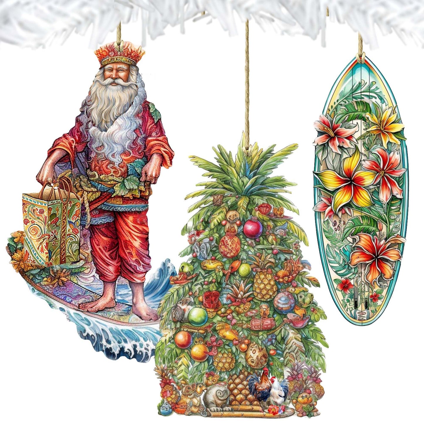 Santas Around the World - Hawaiian Inspired Santa - Wooden Ornaments Set of 3 by G. DeBrekht Christmas Santa Snowman Decor - 8091313S3