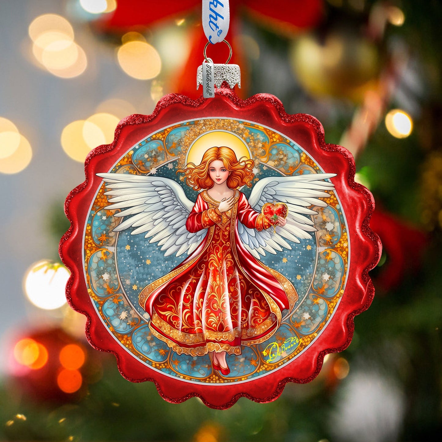 Angel with Love Wreath Glass Ornament by G. Debrekht - Nativity Holiday Decor - 759-062