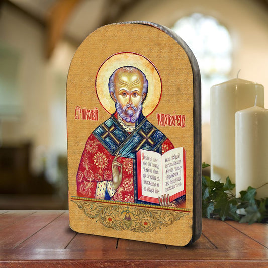 Saint Nicholas Wooden Gold Plated Religious Orthodox Sacred Icon - Inspirational Icon Decor - 86021