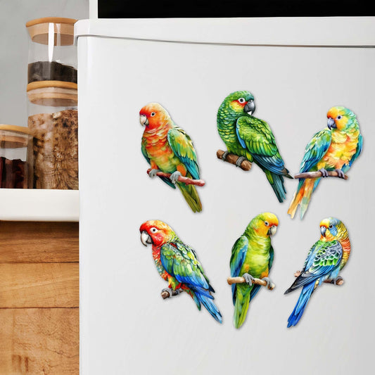 Parrots Decorative Wooden Magnets Set of 6 by G. Debrekht - Wildlife Decor - 8090013G-S6