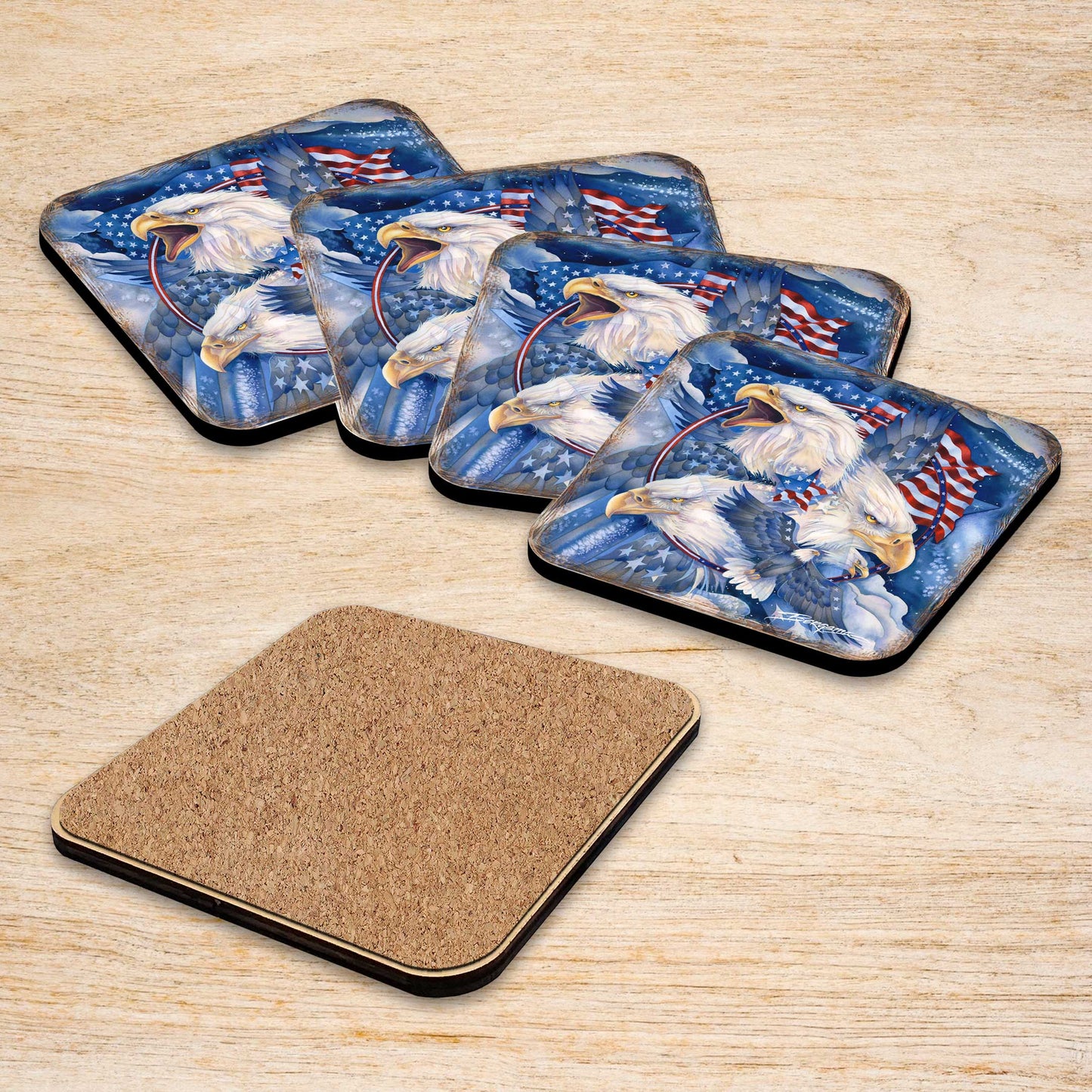 Allegiance American Patriotic Eagles Wooden Cork Coasters Gift Set of 4 by J. Bergsma - Wildlife Decor  - 8199470C-S4
