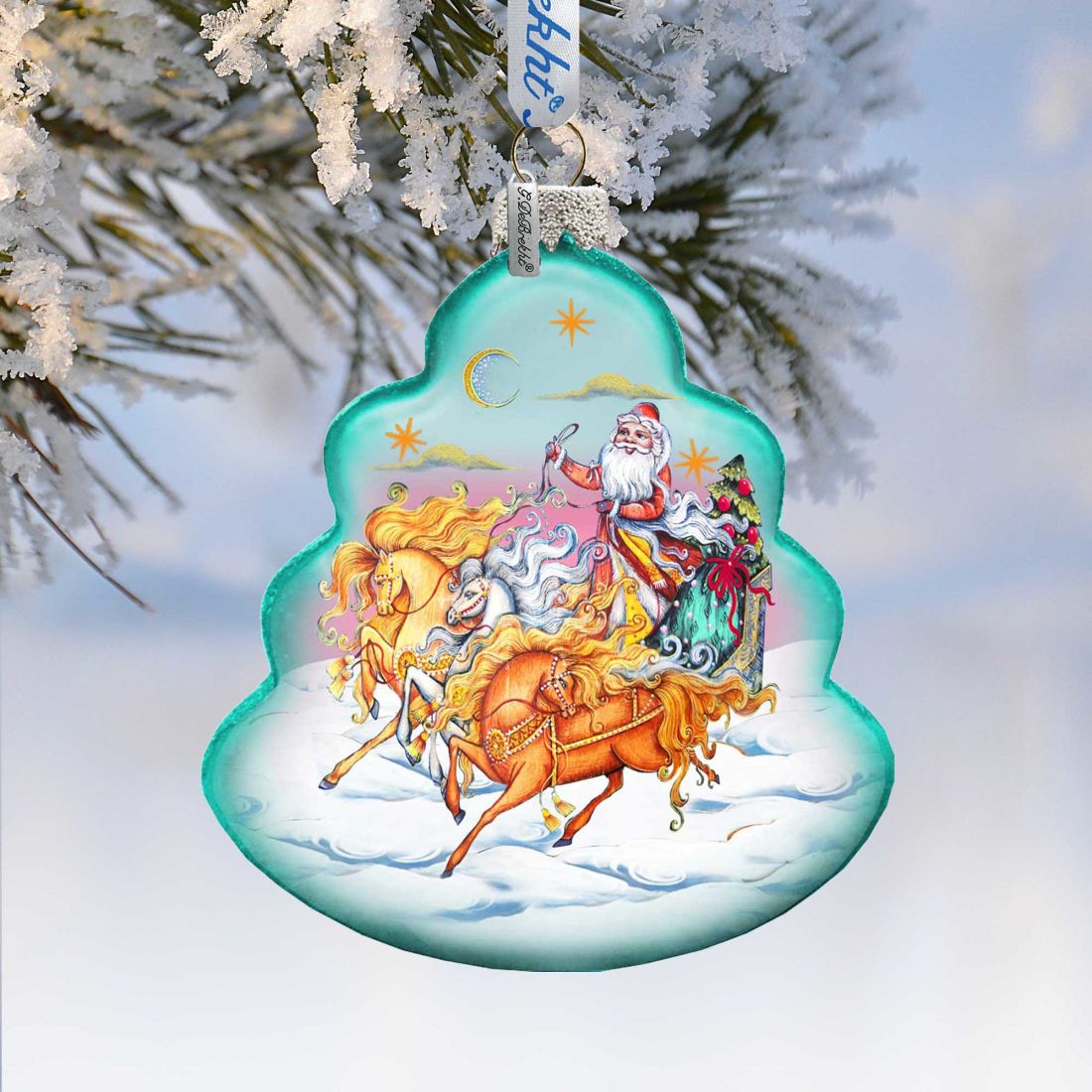 Sleigh Ride Tree Glass Ornament by G. DeBrekht - Christmas Santa Snowman Decor - 762-018