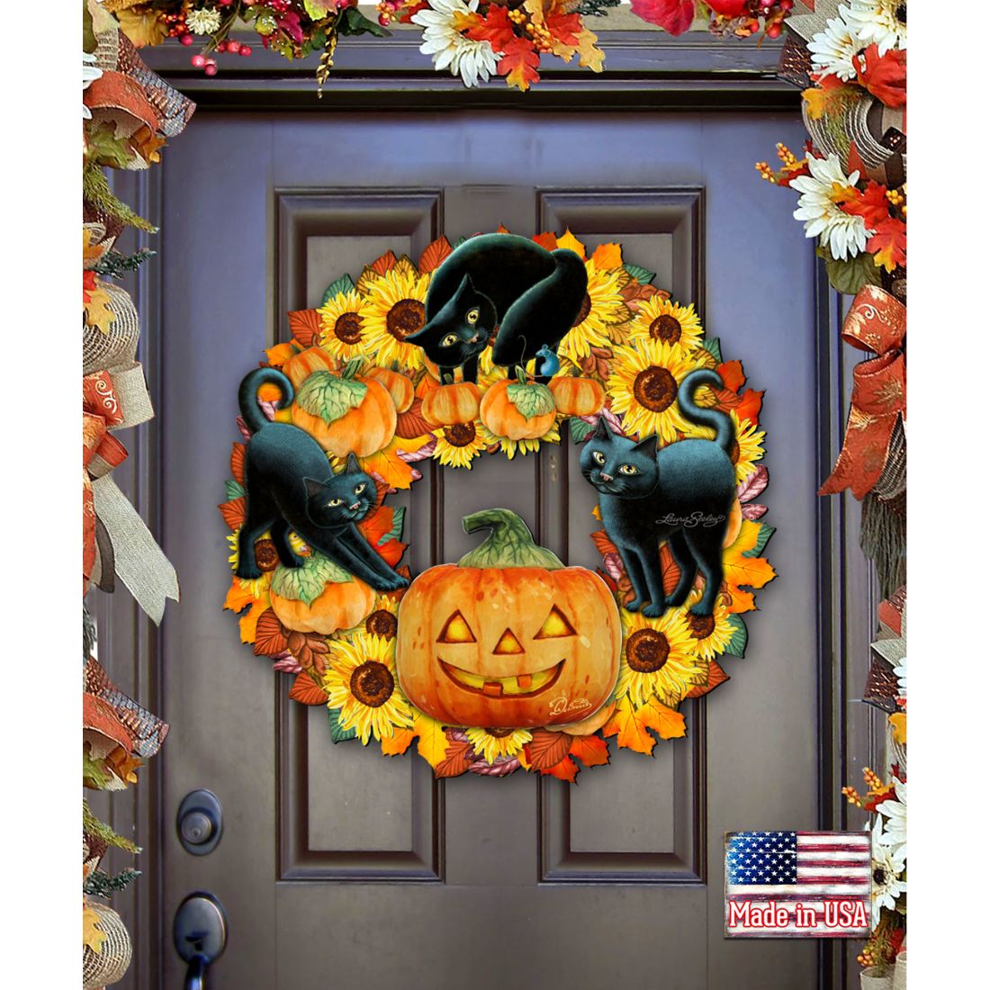 Halloween Cats Holiday Door Wreath by Laura Seeley - Thanksgiving Halloween Decor - 8185305-4H-SL