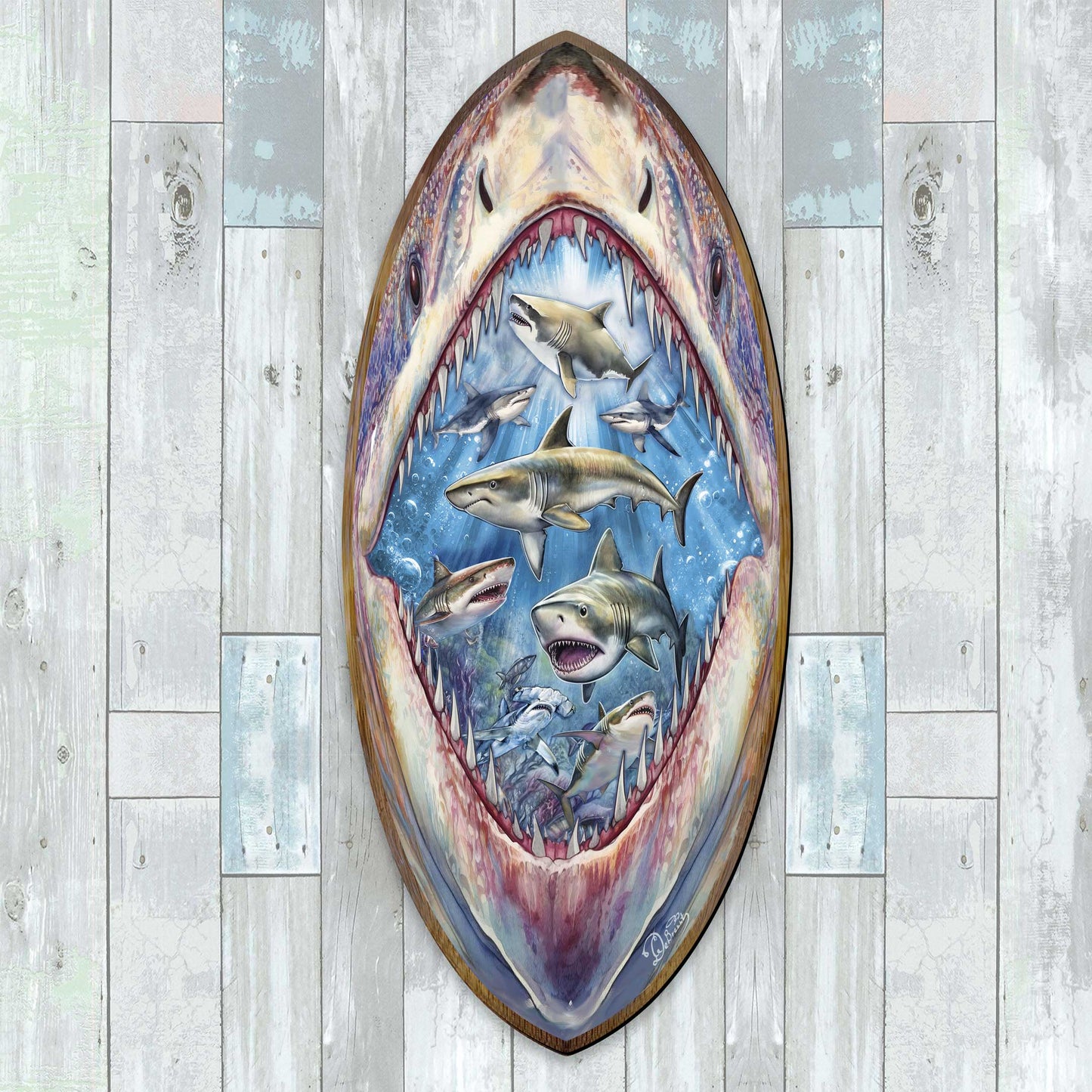 Shark Pull Coastal Surfboard Wall Art  Handcrafted Ocean Decor by G. DeBrekht - Coastal Holiday Decor - 8490138HS