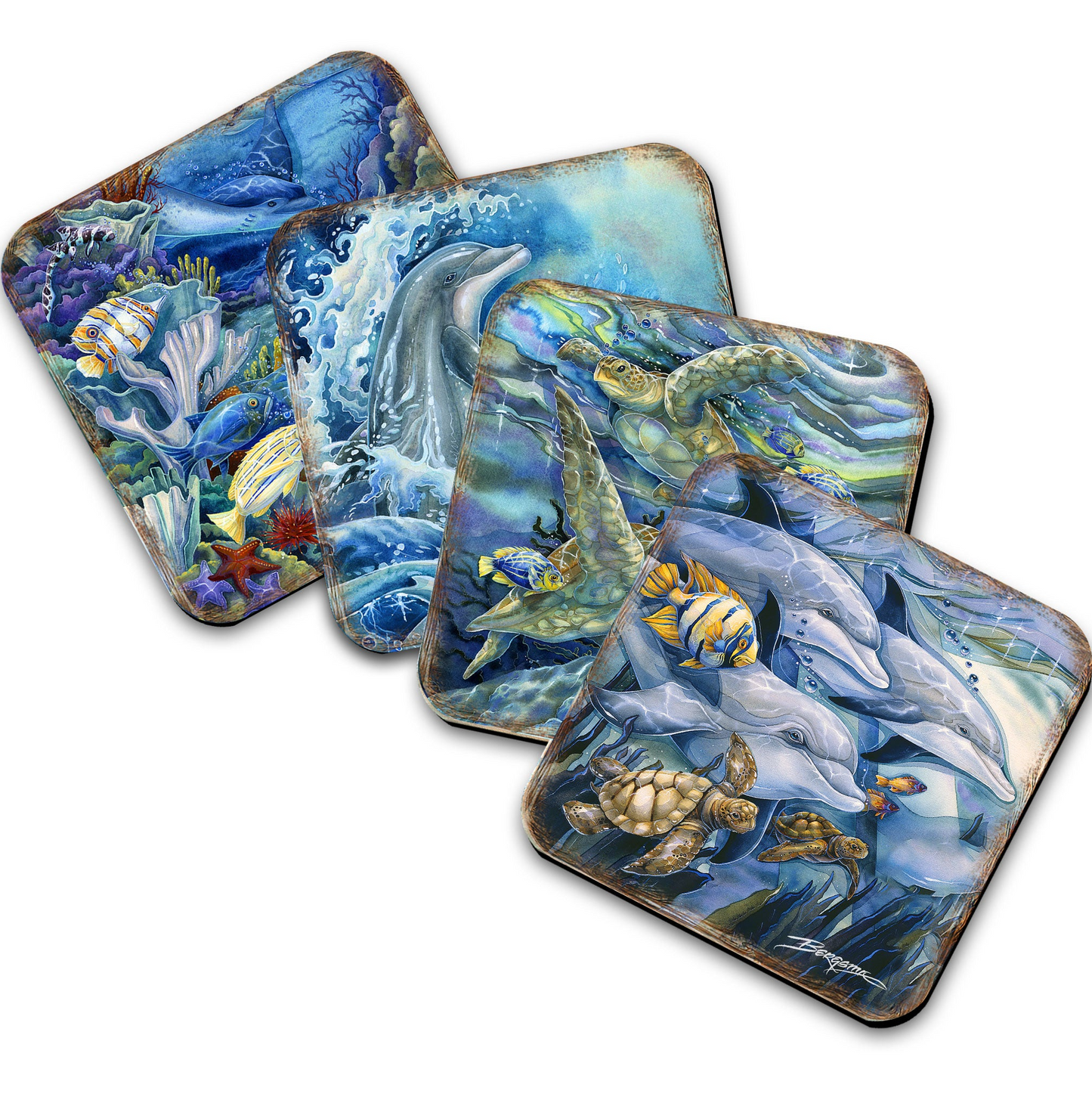 Sea Creatures Wooden Cork Coasters Gift Set of 4 by J. Bergsma - Coastal Décor  - 8199456C-S4