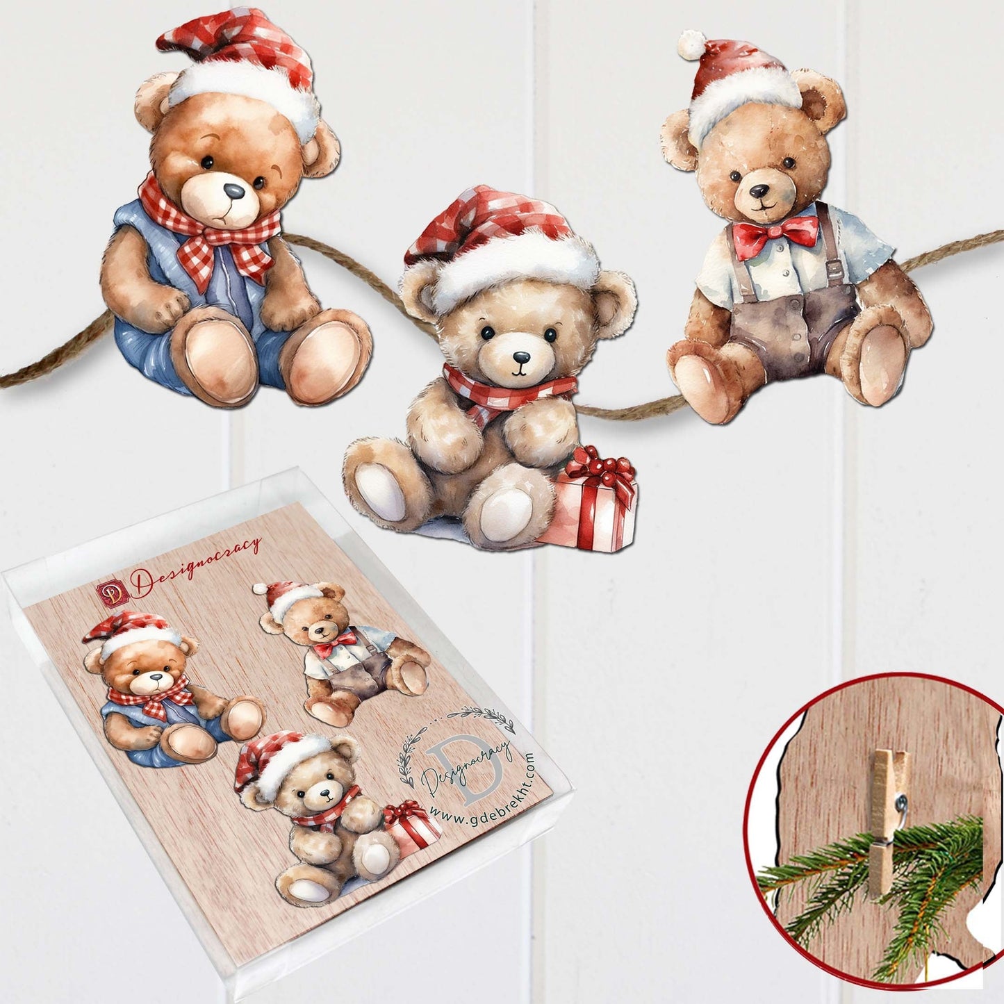 Christmas Teddy Bear Decorative Wooden Clip-on Ornaments Set of 3 by G. Debrekht - Christmas Decor - 8091011C-S3