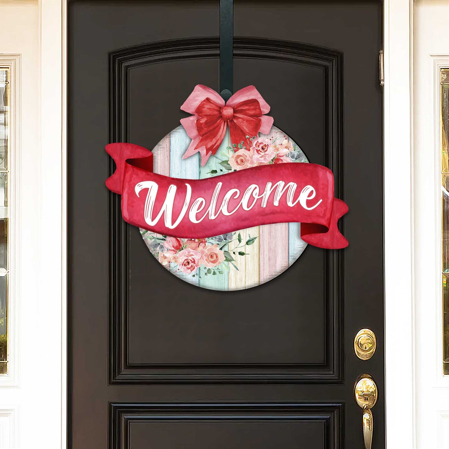 Front door welcome sign Floral porch wreath Main entrance welcome sign - Wooden front porch decor - 933101H