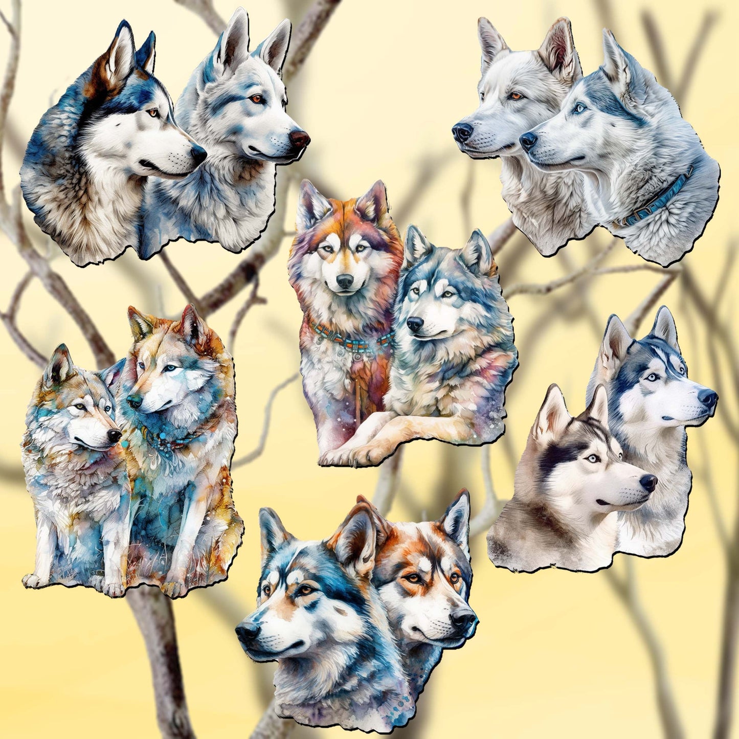 The Graceful Huskies Decorative Wooden Clip-on Ornaments Set of 6 by G. Debrekht - Wildlife Décor - 8090115C-S6