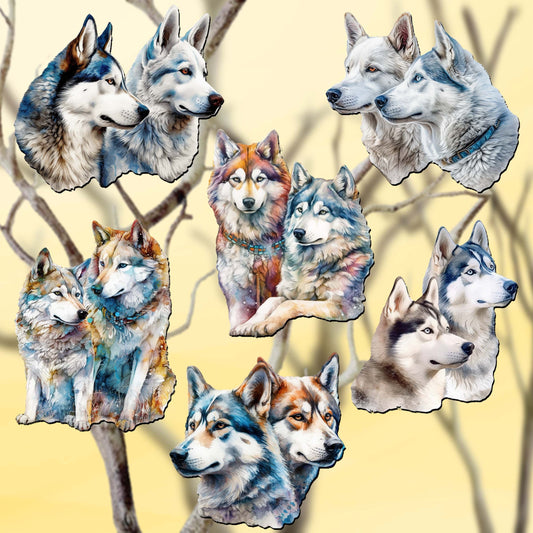 The Graceful Huskies Decorative Wooden Clip-on Ornaments Set of 6 by G. Debrekht - Wildlife Décor - 8090115C-S6