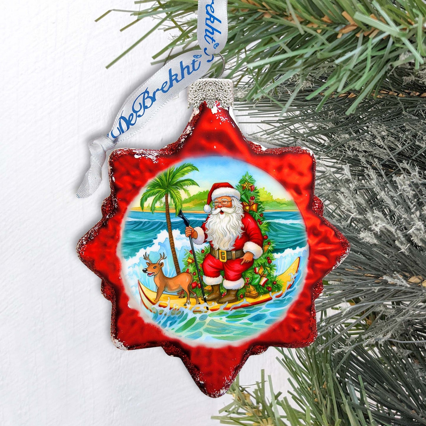 Beach House Decor - Santa on the Surfboard Keepsake Glass Ornaments by G. Debrekht - Christmas Decor - 777418