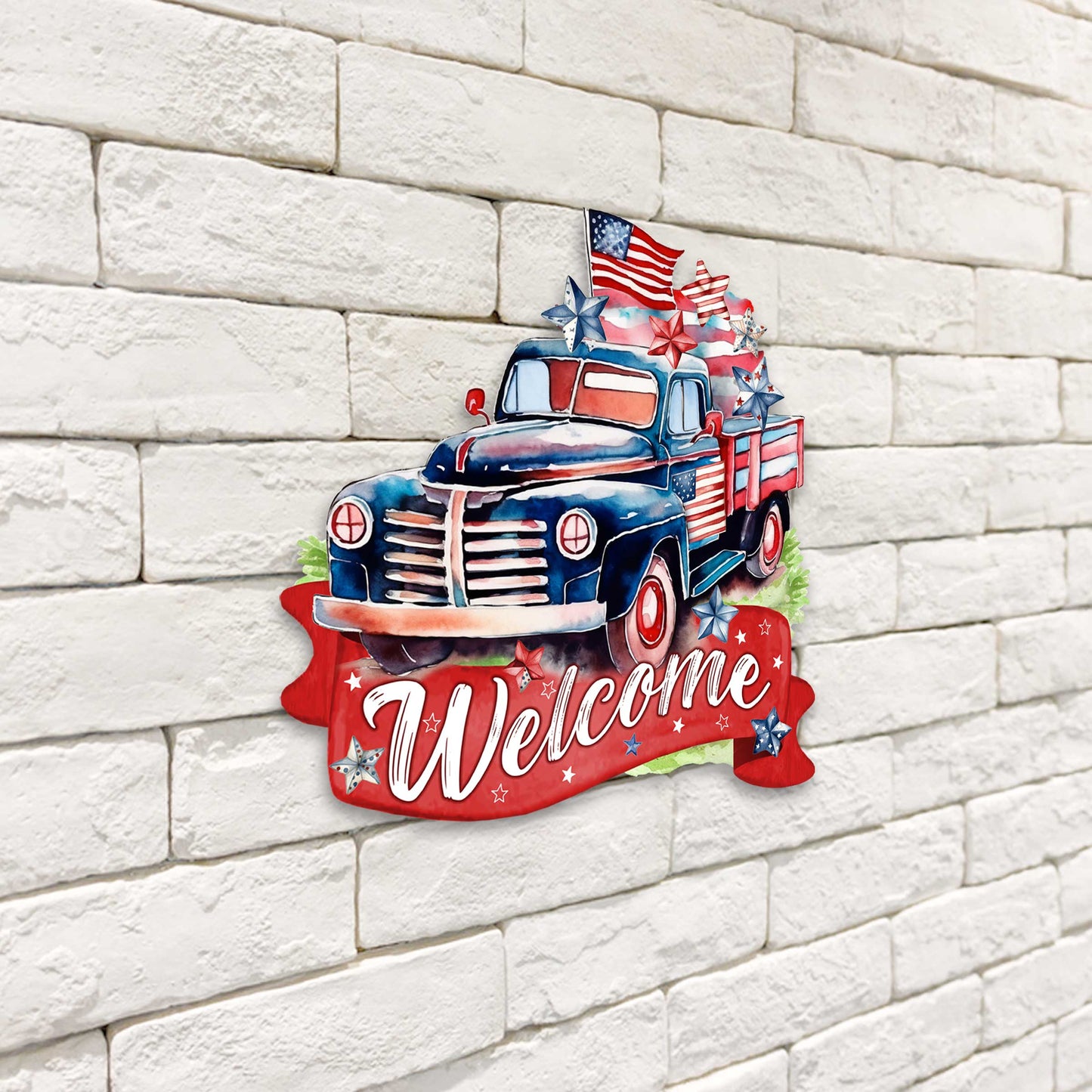 Front door welcome sign American Car United we stand Front porch Patriotic wreath Main entrance banner Red and White Welcome sign - Wooden front porch decor - 933108H