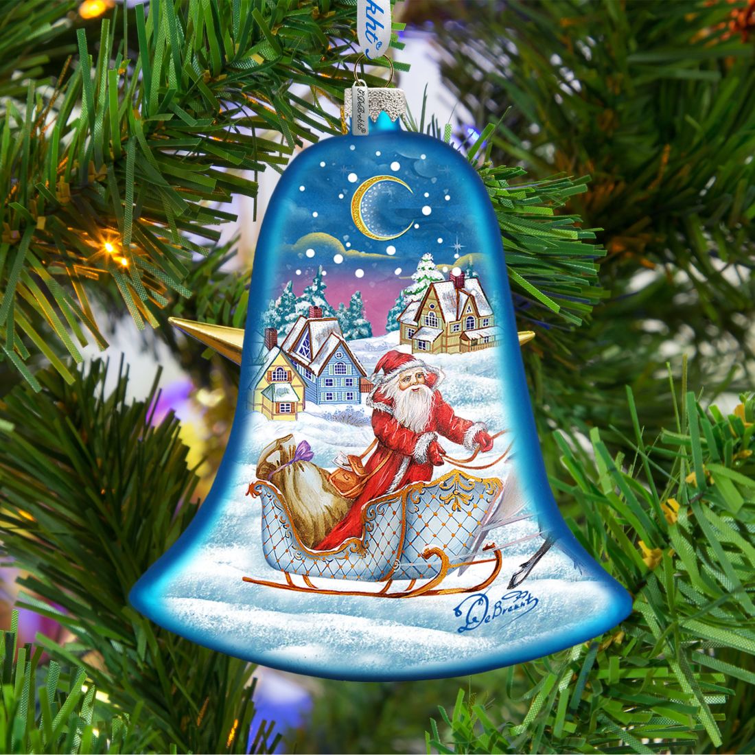 Santa Sleigh Bell Glass Ornament by G. DeBrekht - Christmas Santa Snowman Decor - 73341