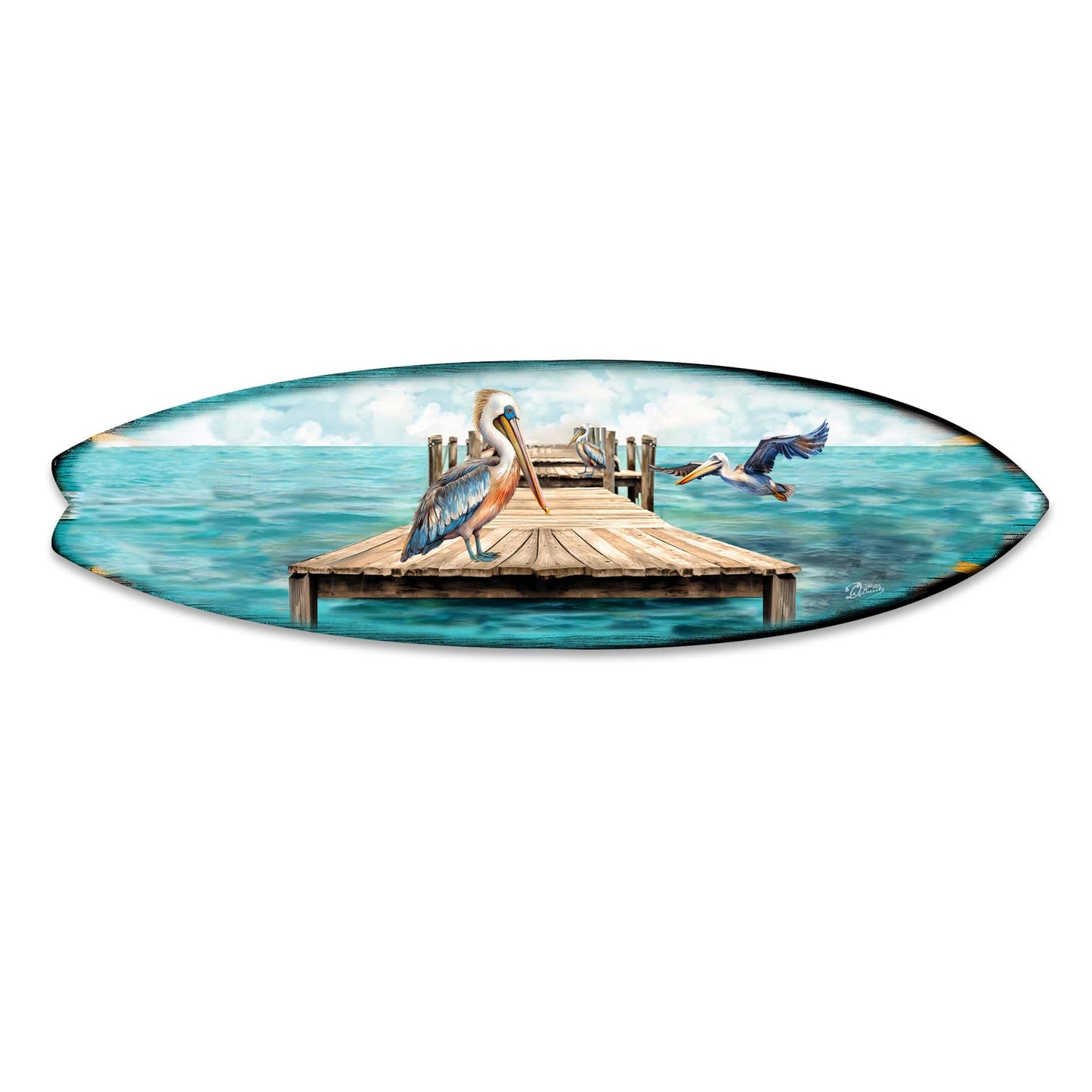 Pelican on the Pier Surfboard Coastal Wall Art by G. DeBrekht - Coastal Holiday Decor - 8490127HS