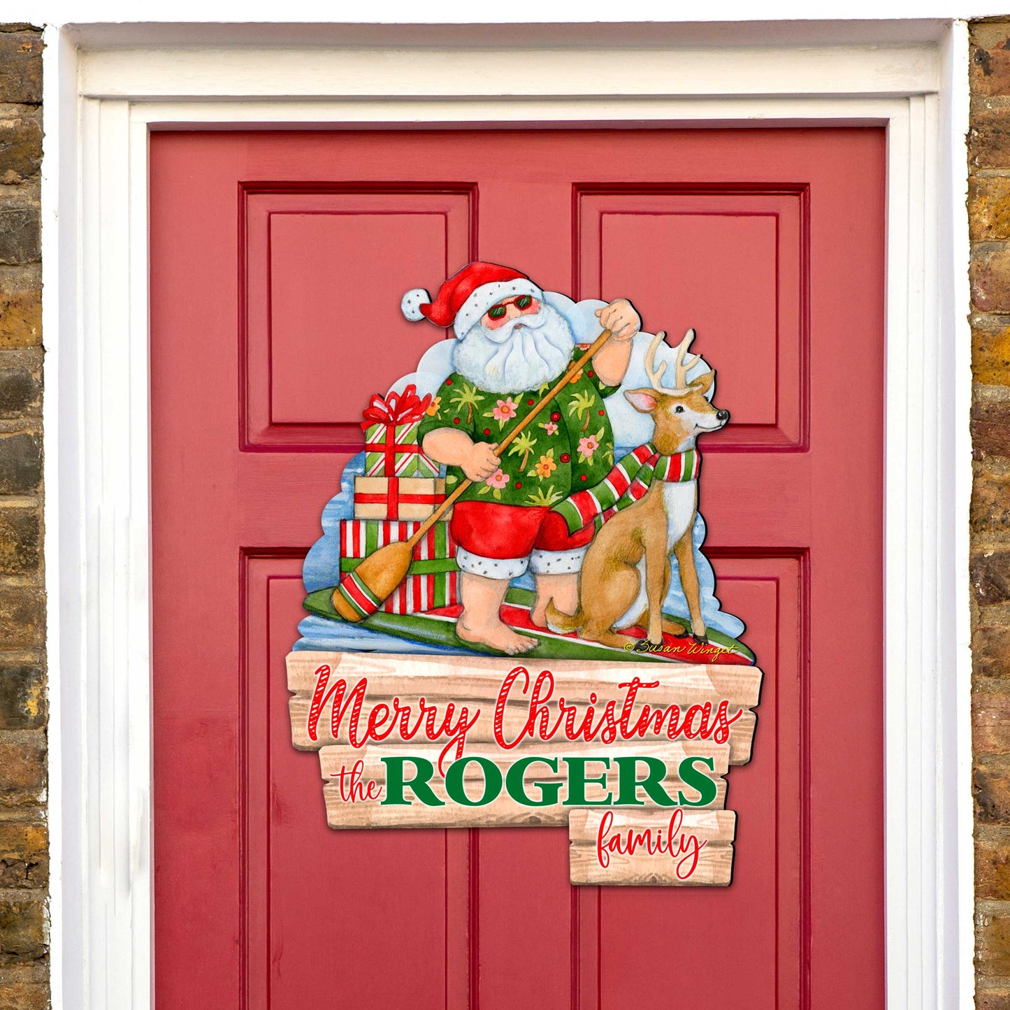 Christmas Decoration Personalized Holiday Welcome Sign with Last Name Santa Door Hanger by Susan Winget - Handmade Gift - 8471114HC-SW