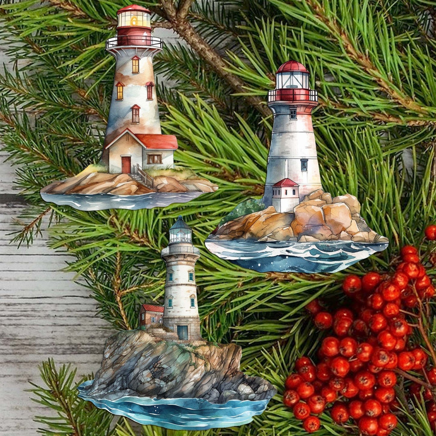 Lighthouse Decorative Wooden Clip-on Ornaments Set of 3 by G. Debrekht - Coastal Decor - 8091022C-S3
