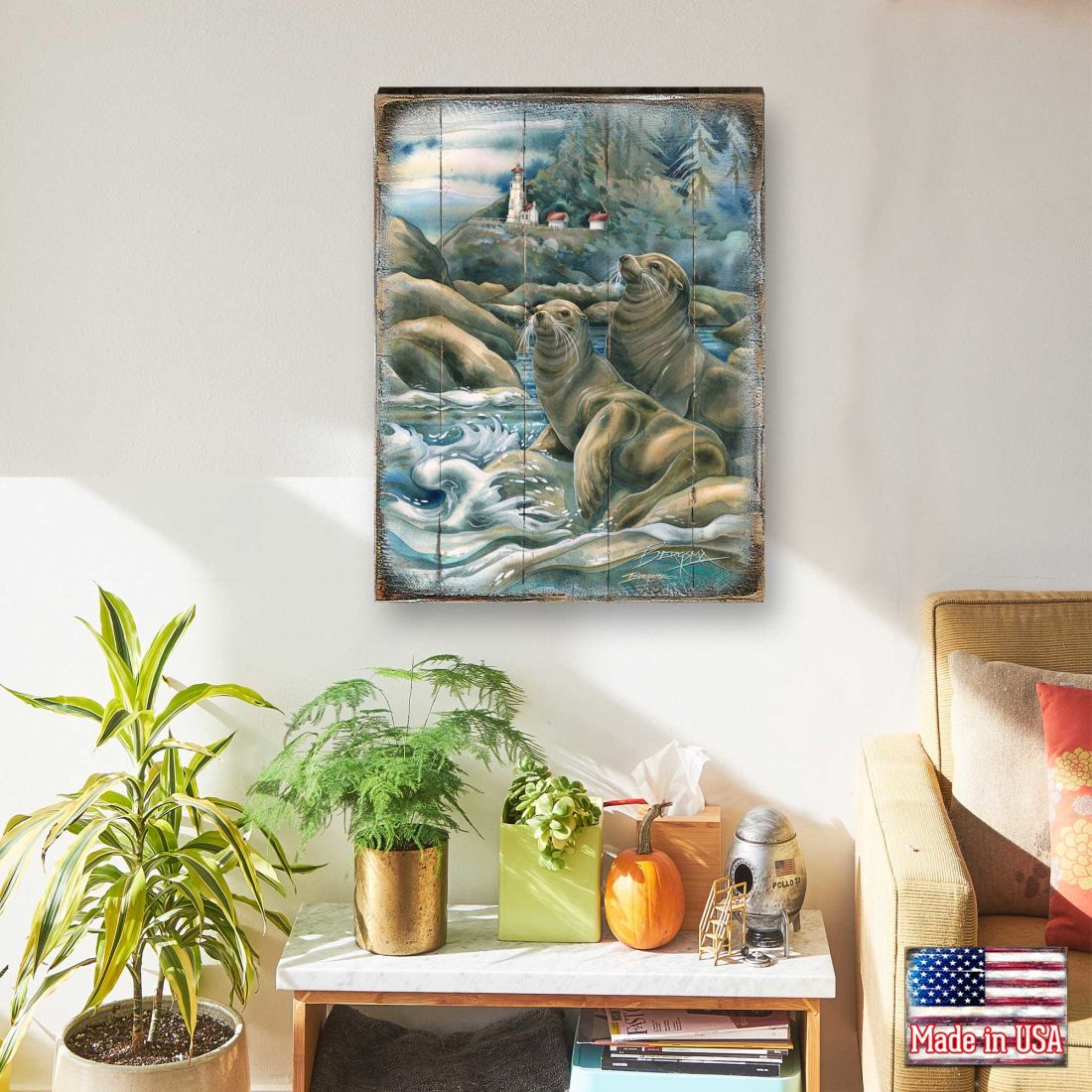 Lions of the Sea Lighthouse Caves Wooden Wall Art by J. Bergsma - Nature Wildlife Decor  - 8592883BP-JB