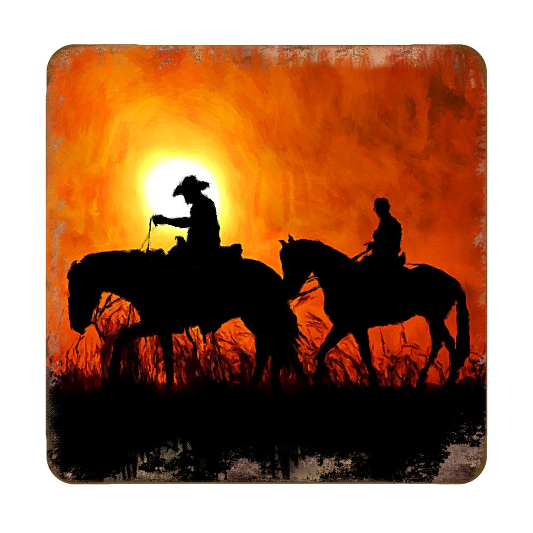 Cowboy Sunset Ride Wooden Cork Coasters Gift Set of 4 by Nature Wonders - Nature Wildlife Decor  - 95230C-S4