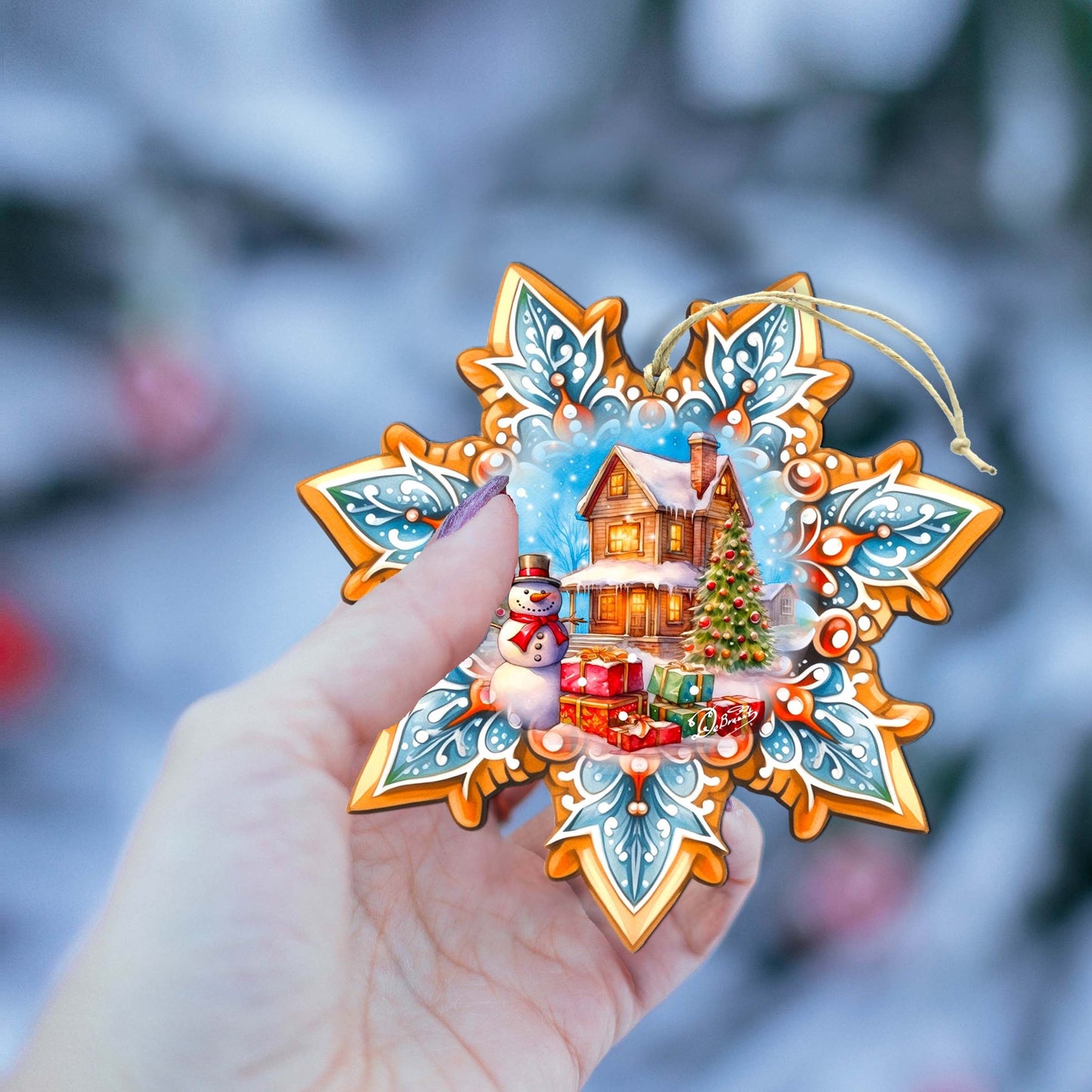 Snowman's Gifts Snowflake Wooden Ornaments by G. Debrekht - Christmas Santa Snowman Decor - 8688404