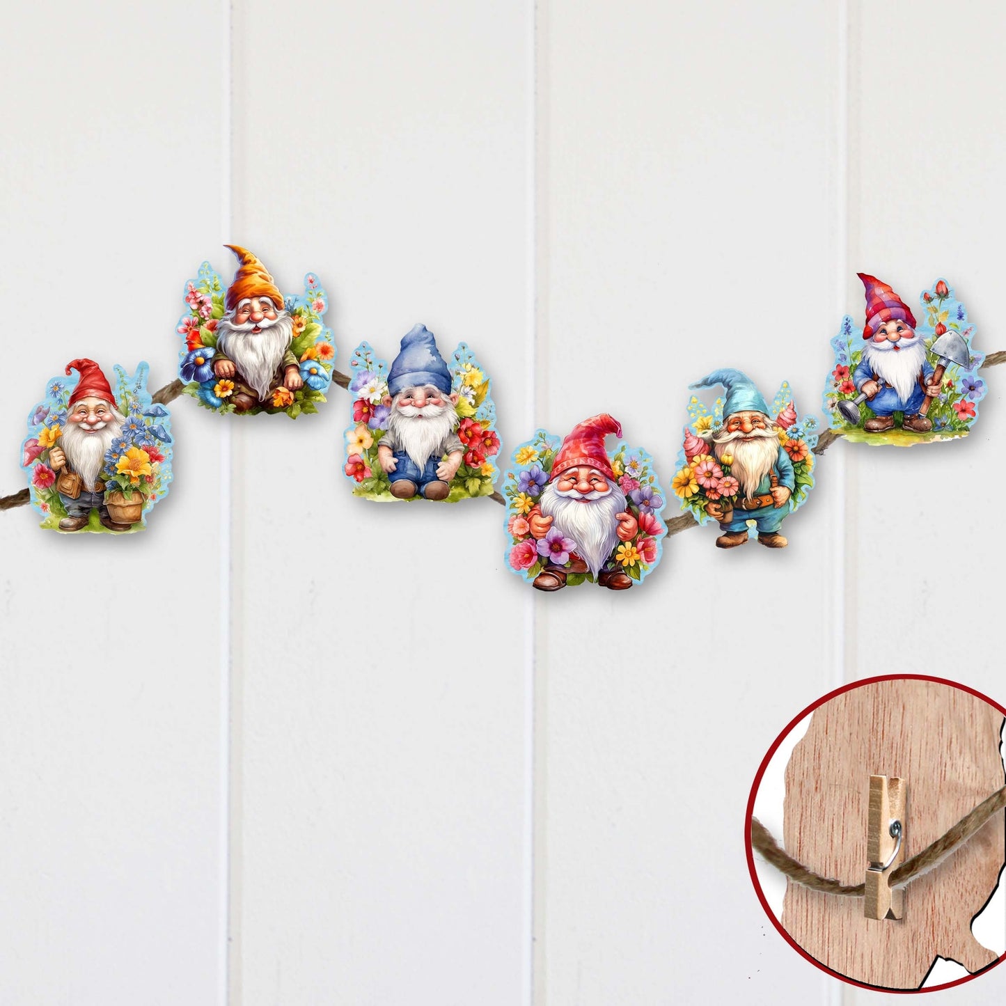 Garden Gnomes Decorative Wooden Clip-on Ornaments Set of 6 by G. Debrekht - Christmas Decor - 8090030C-S6
