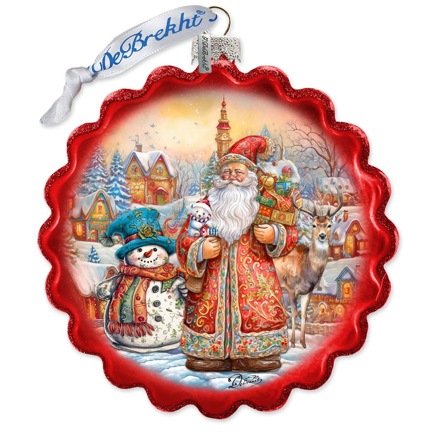 Merry Christmas Wreath Glass Ornament by G. Debrekht - Christmas Santa Snowman Decor - 759-058