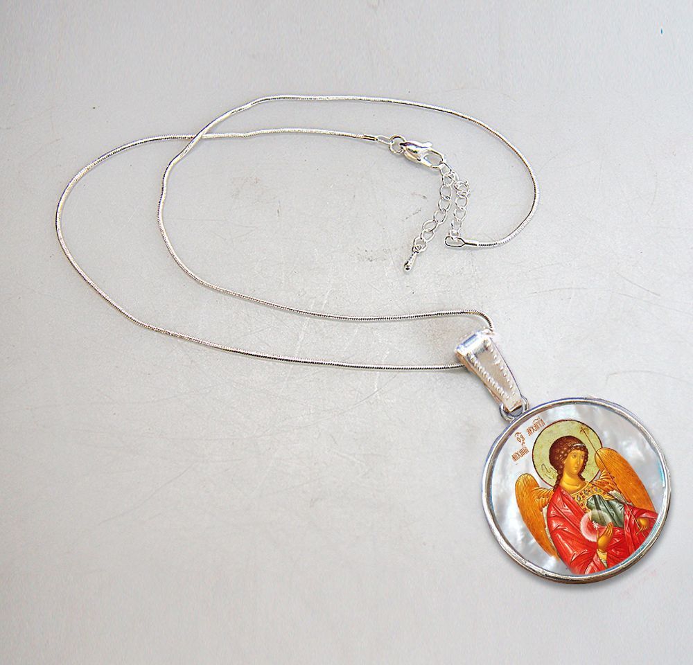 Saint Michael the Archangel Silver Plated Mother of Pearl Necklace - 43027