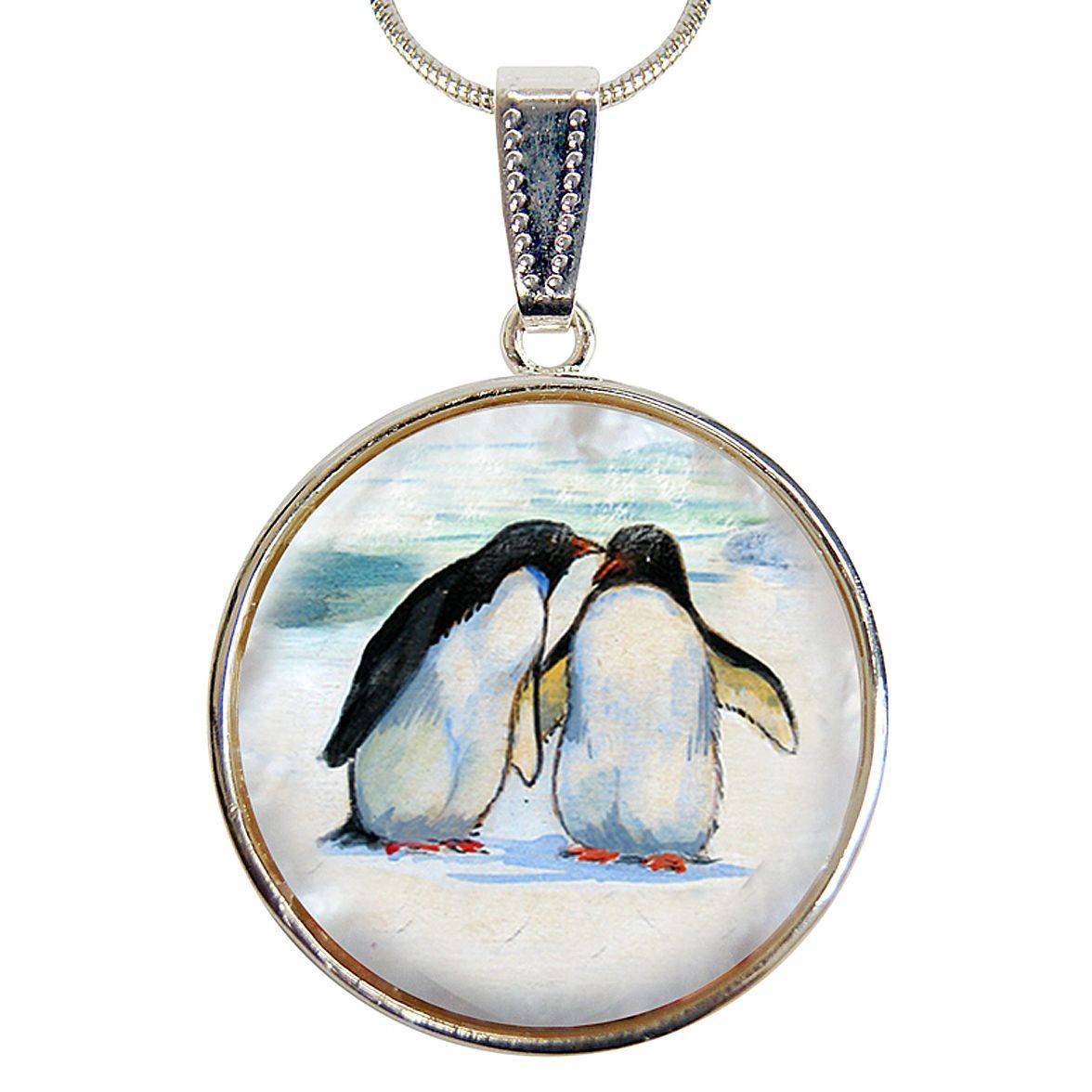 Penguins in Love Silver Plated Mother of Pearl Jewelry Pendant Necklace - 44033