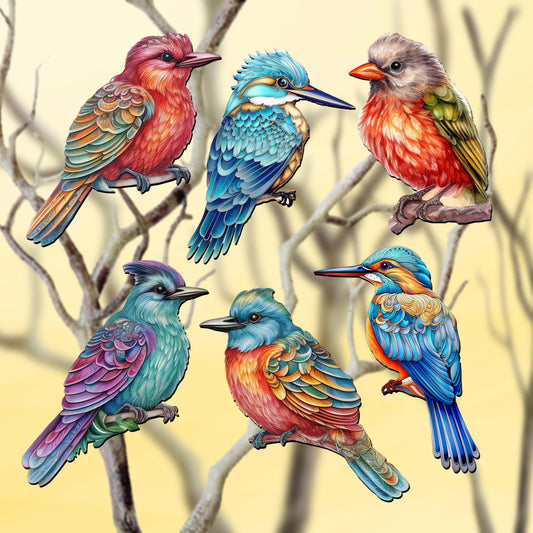 Colorful Birds Decorative Wooden Clip-on Ornaments of 6 by G. Debrekht - Christmas Decor - 8090003C-S6