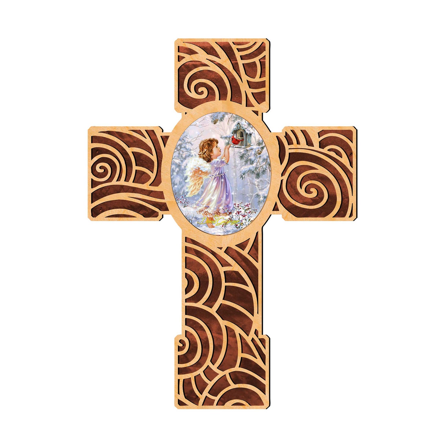Red Robin Girl Angel Modern Wooden Cross by D. Gelsinger - Inspirational Icon Decor - 88285-DG