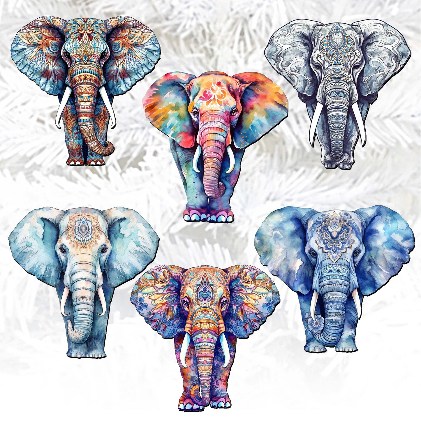 Elephants Decorative Wooden Clip-on Ornaments Set of 6 by G. Debrekht - Christmas Decor - 8090036C-S6