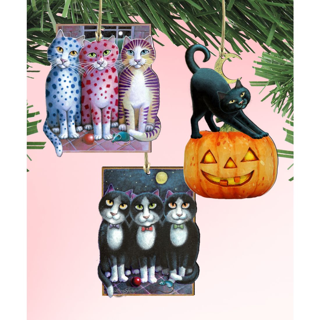 Halloween Patty Cats Wooden Ornaments Set of 3 by Laura Seeley - Thanksgiving Halloween Decor - 8100094S3-LS