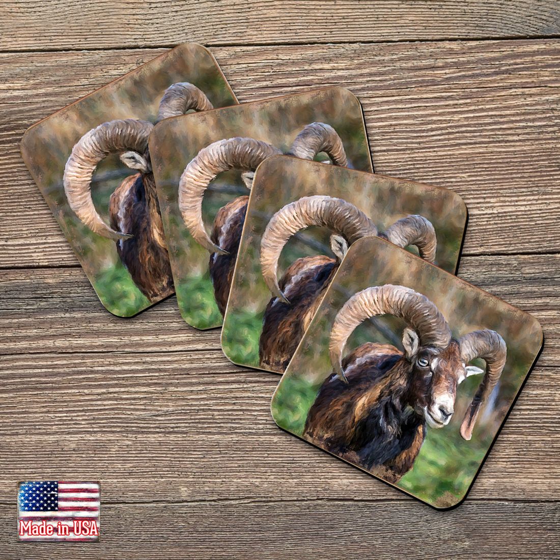 Mountain Goat Wooden Cork Coasters Gift Set of 4 by Nature Wonders - Nature Wildlife Decor  - 95369C-S4