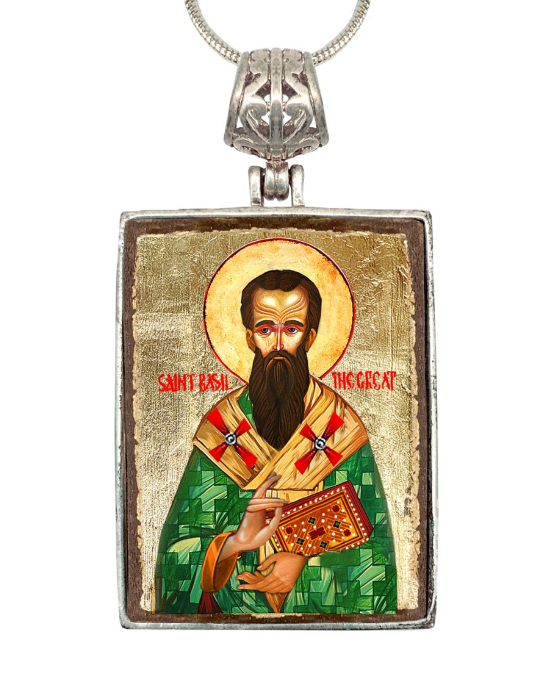 Saint Basil Religious Jewelry Silver Plated Necklace, Gold-Plated Wooden Cabochon - Christian Sacred Icon - Inspirational Icon Decor - 43053R