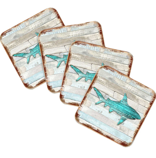 Shark Coastal Wooden Cork Coasters Gift Set of 4 by Nature Wonders - Coastal Sea-Life Decor - 8198515-9C-S4