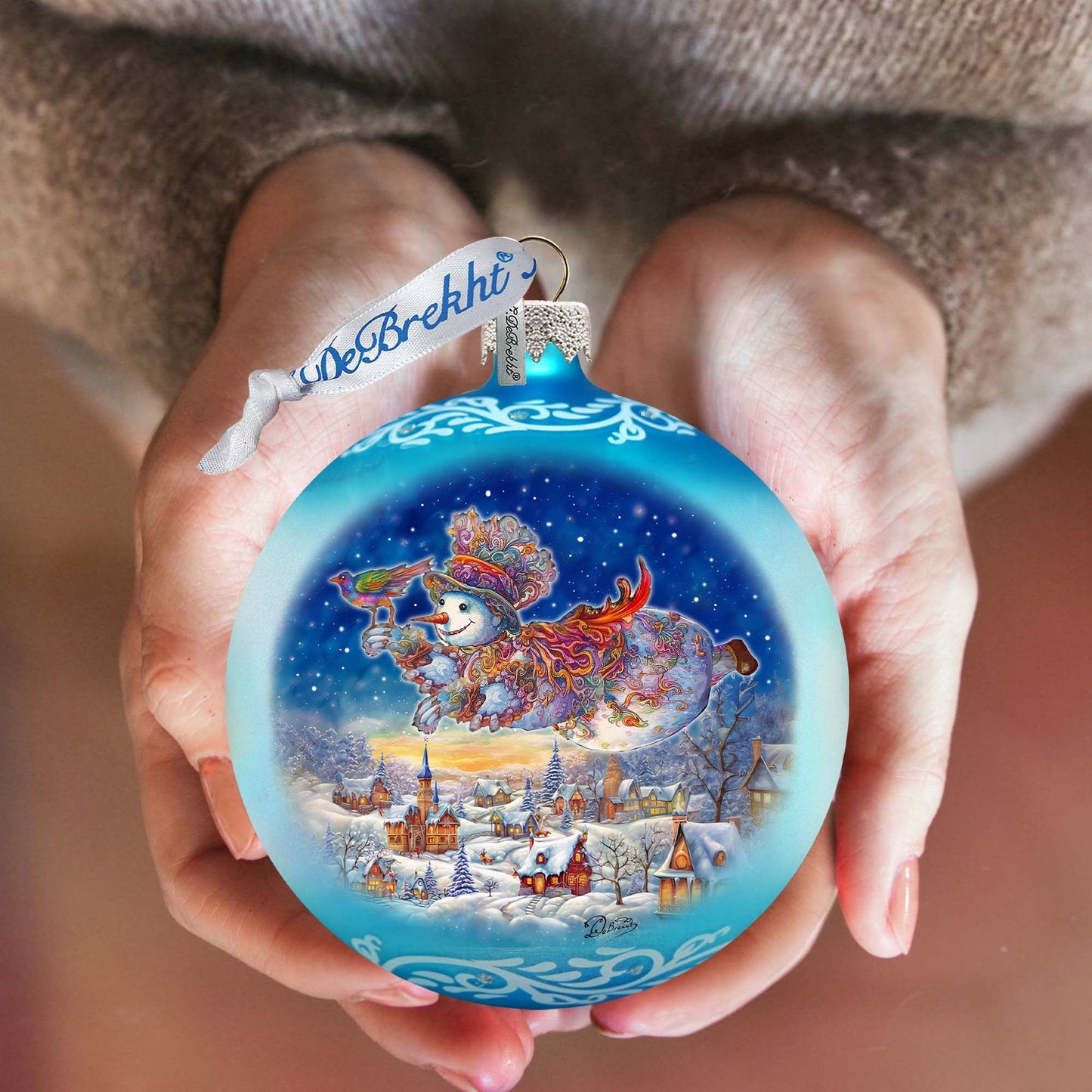 Winter Skies Adventure Ball Glass Ornament by G. Debrekht - Christmas Santa Snowman Decor - 73380