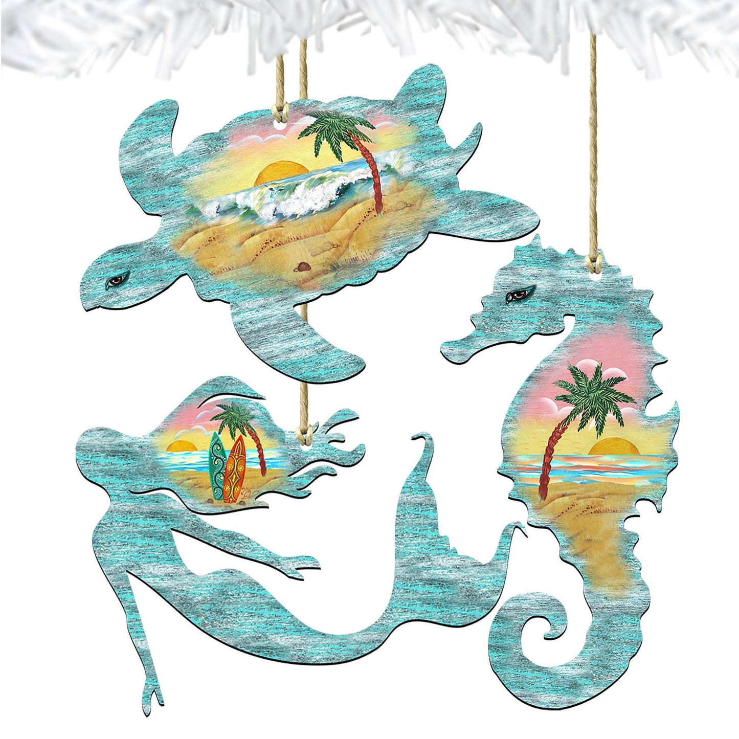 Coastal Wooden Ornaments-Sea Turtle,Mermaid,Seahorse Set of 3 by G. DeBrekht - Coastal Holiday Decor - 8100045S3