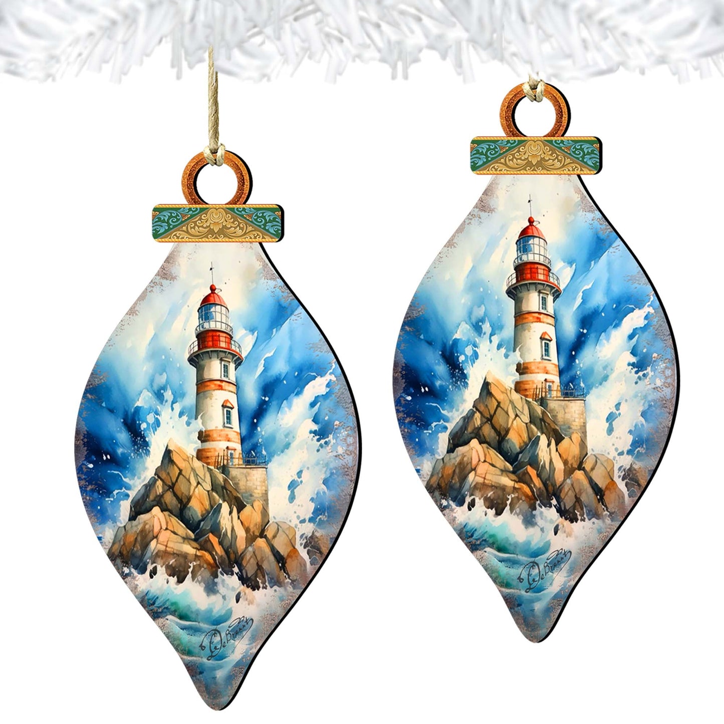 Wooden Christmas Tree Decorations - Lighthouse Wooden Ornaments by G.Debrekht Coastal Holiday Decor - 8688177