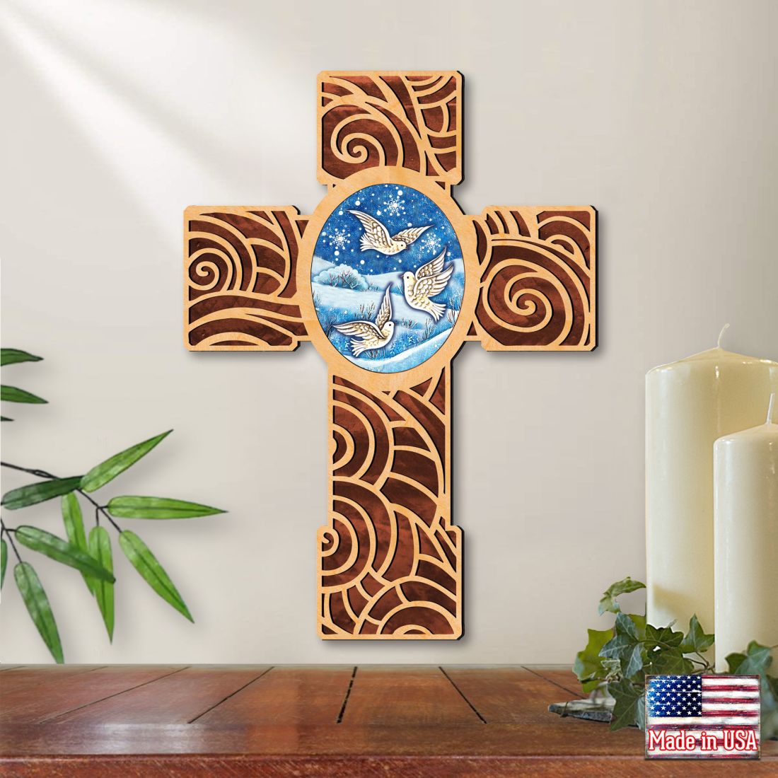 Wooden Cross of Peace Dove Modern Wooden Cross by Museum Icons - Easter Spring Decor - 88292