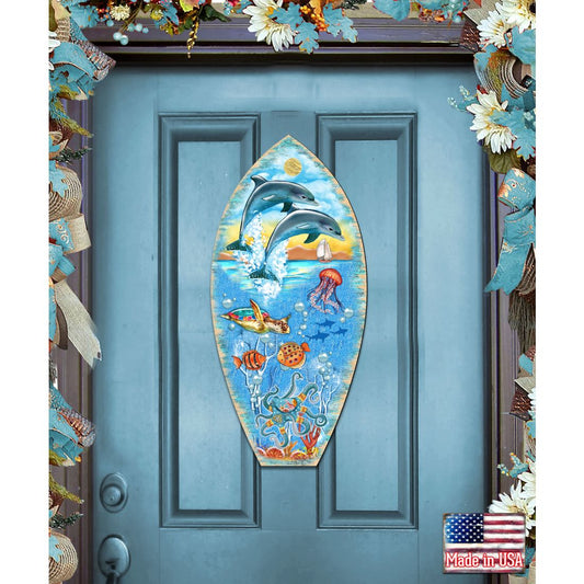 Sea Creatures Surfing Board Door Decor by G. DeBrekht - Coastal Holiday Decor - 8198522-3H