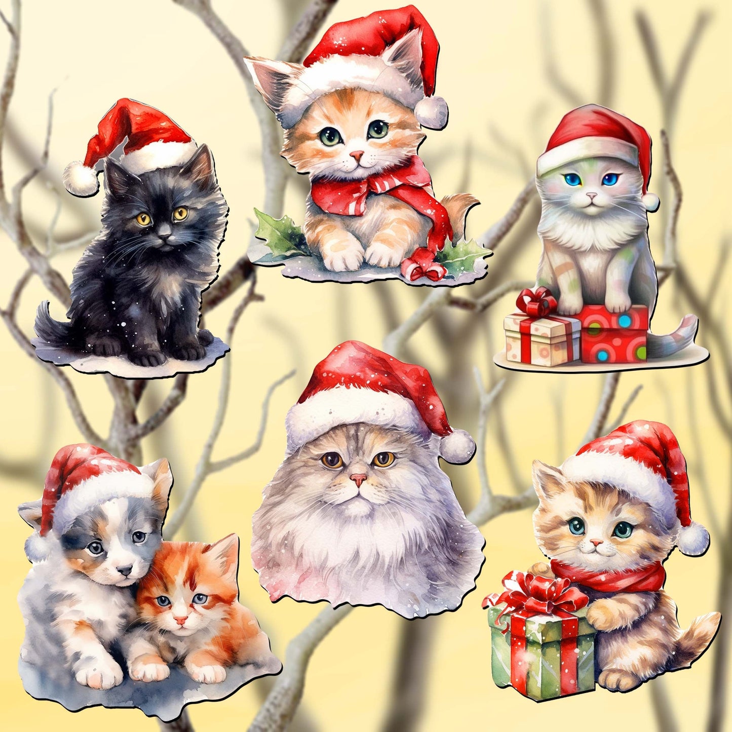 Christmas Cats Decorative Wooden Clip-on Ornaments of 6 by G. Debrekht - Christmas Decor - 8090016C-S6