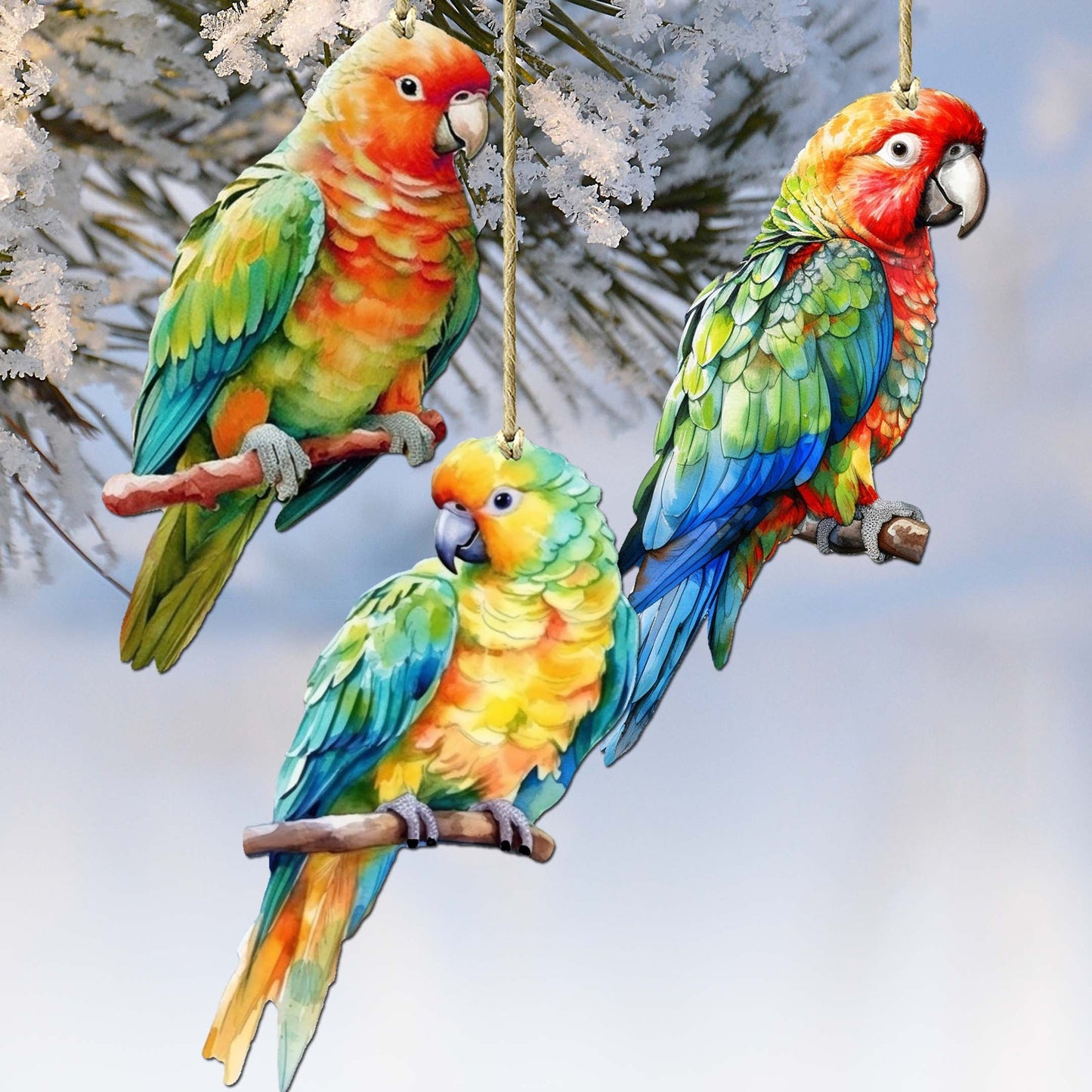 Parrots Decorative Wooden Ornaments of 3 by G. Debrekht - Wildlife Decor - 8091013-S3