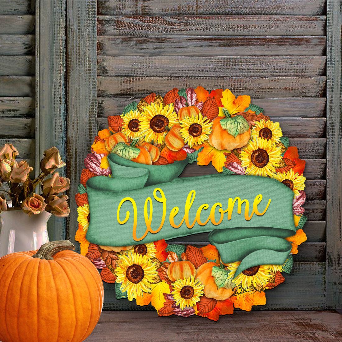 Flower Fall Holiday Door Wreath by G. DeBrekht - Thanksgiving Halloween Decor - 8185305-2H